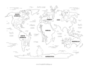 Continents With Cute Animals Black and White