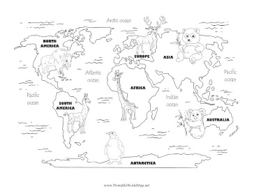 Continents With Cute Animals Black and White